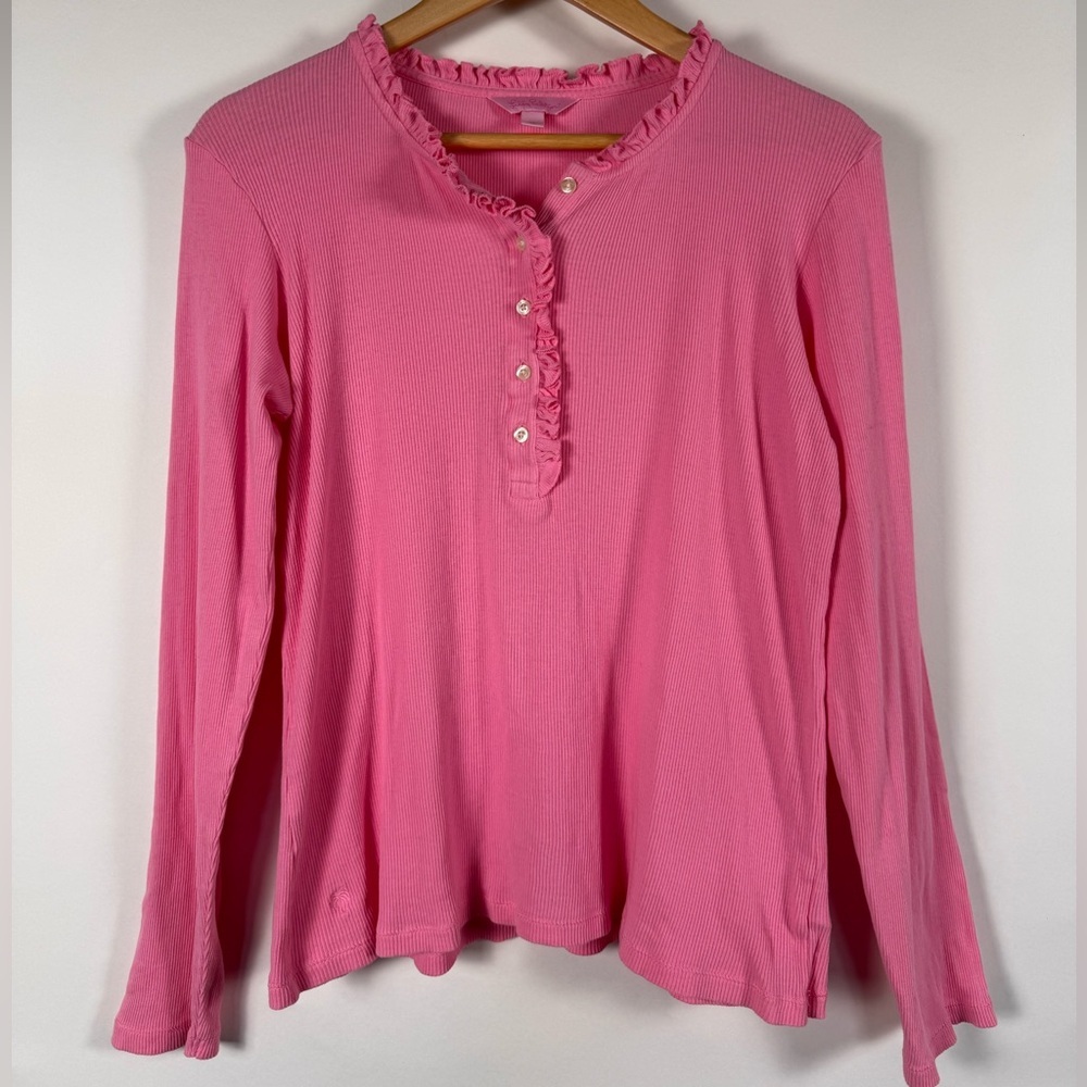 Lilly Pulitzer Ruffle Trim Henley Size XL Ribbed Everyday Casual Preppy Barbie
